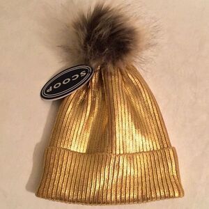 Scoop Womens Metallic Yellow Gold Pom Beanie Cuffed Stocking Cap Hat